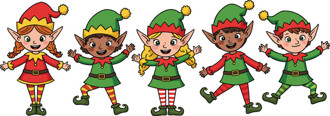 Five Diverse Cartoon Christmas Elves Wearing Festive Outfits and Hats holiday santa