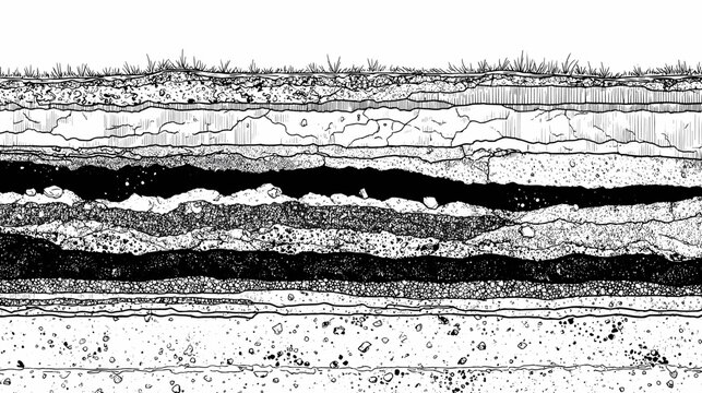 Black and white line drawing of a cross section view trough different types of soil layers in the ground for cad architecture