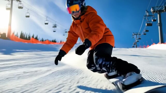 Snowboarder in bright orange jacket carving through fresh powder on the slopes