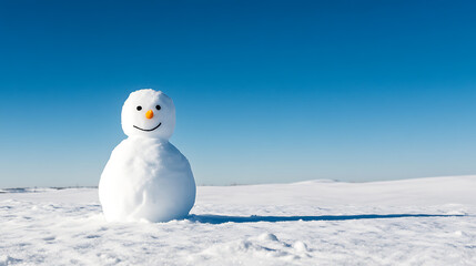 Cheerful snowman standing on a snow-covered field under a clear blue sky, a symbol of winter joy and the magic of the season. Its simple design evokes classic winter fun.