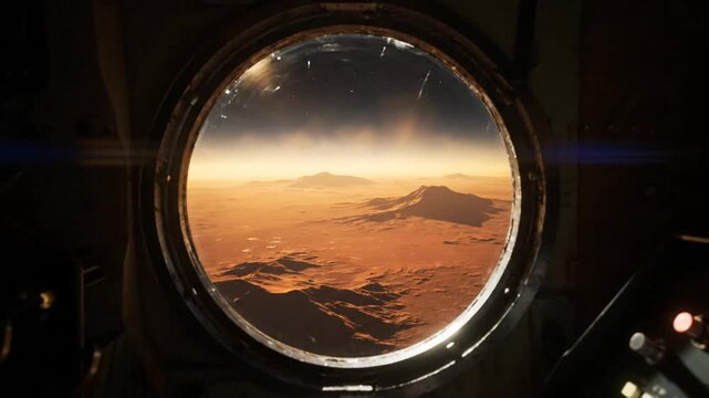 Mars landscape view from a spacecraft window with stars and the horizon in the background