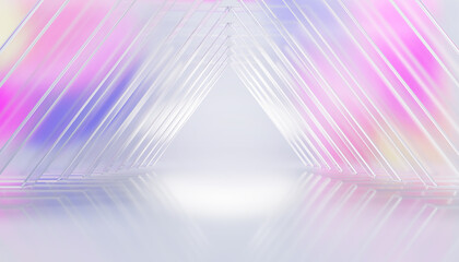 3d glass triangle tunnel perspective with rainbow light effect. Pastel blue pink corridor with transparent walls and white floor. Architecture background, abstract futuristic portal. 3D illustration