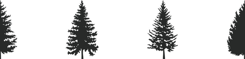 Black and white pine tree silhouette illustration featuring evergreen forest shapes, simple minimal conifer design for nature, outdoor and woodland themes