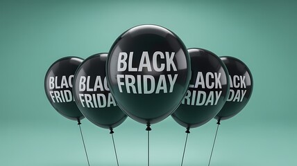 Group of black shiny balloons with white 'black friday' text on light green background, symbolizing shopping event, sales, and special offers, ready for consumer promotions
