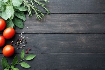 Black wooden table with a variety of vegetables and herbs on it