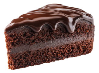 Chocolate cake slice with creamy filling and flowing chocolate topping, isolated on transparent background