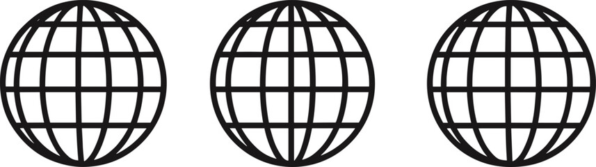 Three Black Outline Globe Icons Arranged Horizontally On White Background world planet