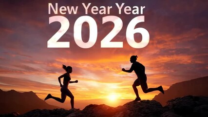 New Year 2026 celebration with running at sunrise in the mountains