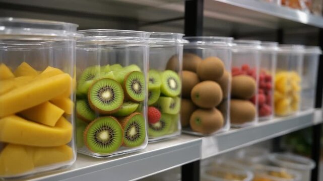 Clear plastic containers filled with various fresh fruits like sliced mango, kiwi, and berries on a shelf.