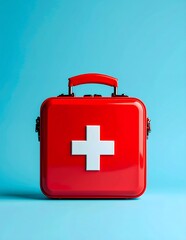 Fototapeta premium Red First Aid Kit with White Cross on Blue Background.
