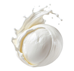 White mozzarella cheese ball with dynamic milk splash and droplets around it, isolated on transparent background