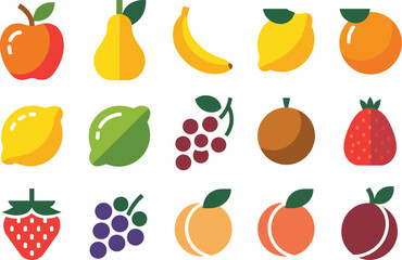 Colorful fruit icon set illustration featuring apples, berries, citrus, tropical fruits, simple flat design, healthy food graphics for nutrition themes