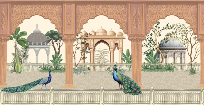 Traditional Mughal decorative garden with arch, ornate parasol, peacocks, trees, lotus flowers, and palace illustration, royal wedding invitation background.