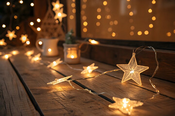 Warm Star Fairy Lights Indoors – Cozy Golden LED Decorative String Lights Background,star lights, fairy lights, string lights, LED lights, warm light, golden light, star shaped lights,