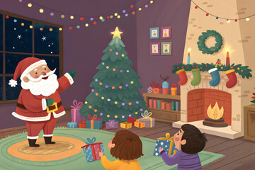 Fototapeta premium Festive Cartoon Santa Scene with Tree and Gifts,Cute Cartoon Christmas Living Room with Santa & Kids,christmas, santa, tree, holiday, illustration, snowman, winter, snow, vector, claus, xmas, santa