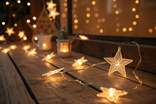 Warm Star Fairy Lights Indoors – Cozy Golden LED Decorative String Lights Background,star lights, fairy lights, string lights, LED lights, warm light, golden light, star shaped lights, - Powered by Adobe