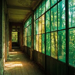 林の中に建つレトロな木造建築の廊下