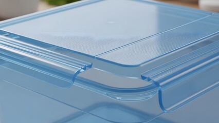 A close-up view of the corner and lid of a translucent blue plastic storage container.