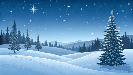 Fototapeta premium Peaceful Snowy Winter Night Landscape,Starry Blue Sky Winter Forest Background,