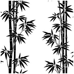 Fototapeta premium Vertical bamboo stems with layered leaf clusters rendered in bold ink, capturing the calm atmosphere and simplicity of traditional Zen brush illustration style