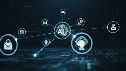 Artificial intelligence showing a digital brain and connected icons, symbolizing cloud computing, data processing, machine learning, automation, and cybersecurity. 4k video - Powered by Adobe