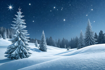 Obraz premium Peaceful Snowy Winter Night Landscape,Starry Blue Sky Winter Forest Background,