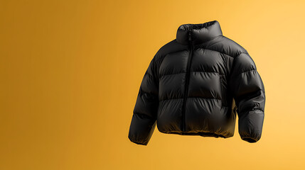 Sleek black puffer jacket floats against a vivid orange backdrop. Its quilted design suggests warmth and modern style.  A simple yet impactful statement of winter wear.