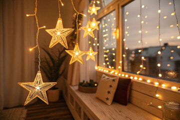 Warm Star Fairy Lights Indoors – Cozy Golden LED Decorative String Lights Background,star lights, fairy lights, string lights, LED lights, warm light, golden light, star shaped lights,