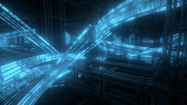 Abstract digital network with glowing blue lights through intricate structural tunnels representing data flow and technology
