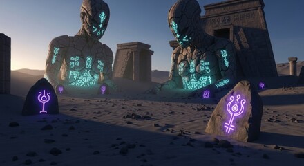 Ancient guardians of the desert with glowing symbols
