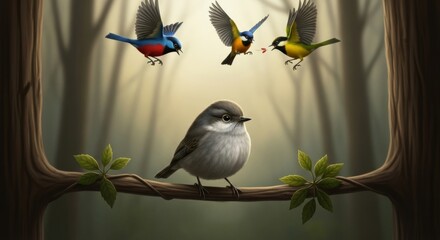 Bird on branch with three colorful birds flying