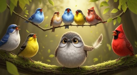 Cartoon birds perched on a branch singing in harmony