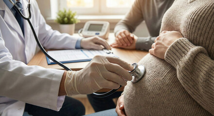 Doctor with Stethoscope Checking Pregnant Woman's Belly in Clinic