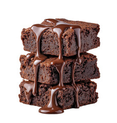 Stacked chocolate brownies topping with chocolate sauce on transparent background