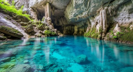Cenote with crystal clear turquoise water and stalactites