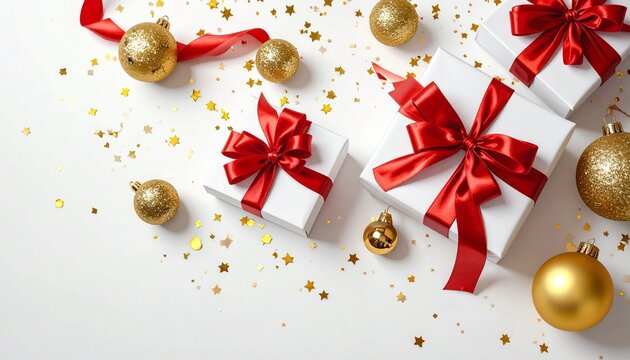 White gift boxes with red ribbons surrounded by gold ornaments and confetti stars on clean white background. - Powered by Adobe