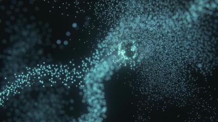 Evolving abstract particle waves with glowing red squares and teal dust, representing data flow or cosmic energy movement