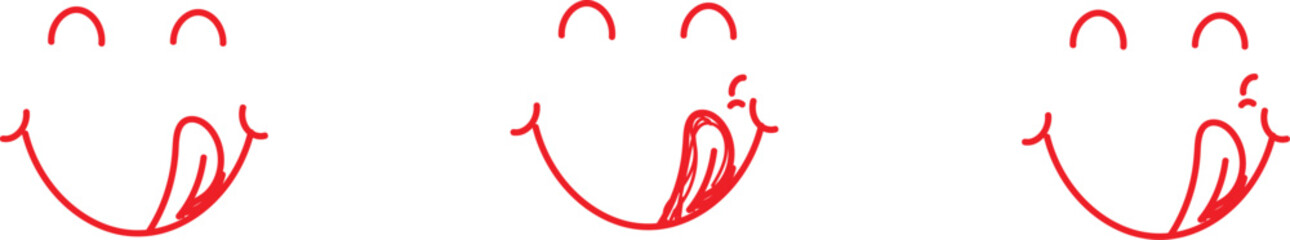 three instances of a hand-drawn doodle or icon depicting a face with a tongue licking its lips, commonly known as a "lip-licking" or "yum" emoji.