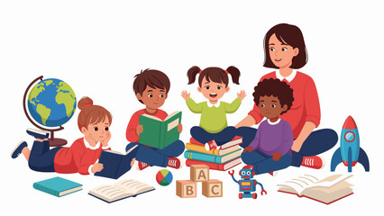 A diverse group of happy children and a teacher learning together with books, a globe, and toys in a classroom setting.