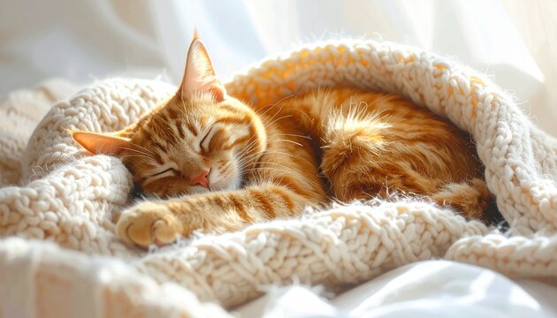 National Cat Lovers&rsquo; Month Adorable orange cat napping happily and comfortably on a luxurious, hand-knitted blanket, representing peace and relaxation.