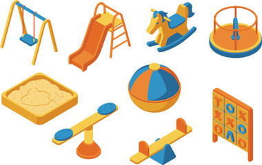 Isometric playground equipment illustration set featuring swings, slide, sandbox, seesaw, merry-go-round and climbing board for park and school design