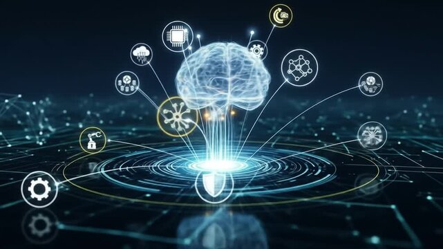 Artificial intelligence showing a digital brain and connected icons, symbolizing cloud computing, data processing, machine learning, automation, and cybersecurity. 4k video