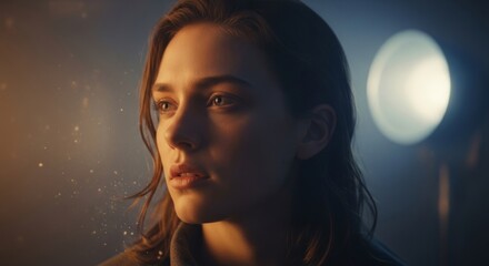 Pensive woman illuminated by cinematic lighting