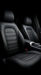Close up view of luxurious black leather car seats with contrast stitching and perforated inserts