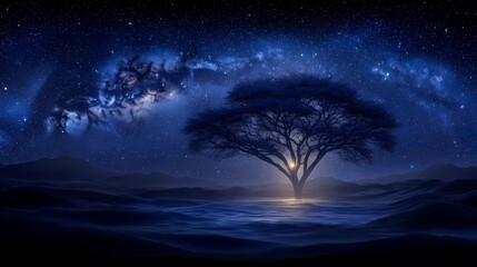 Naklejka premium Silhouetted acacia tree stands alone above dark water under a bright starry night sky with the Milky Way visible