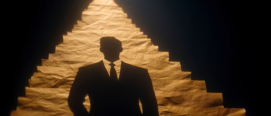 Silhouette of businessman standing before ascending stairs made of textured golden material in darkness