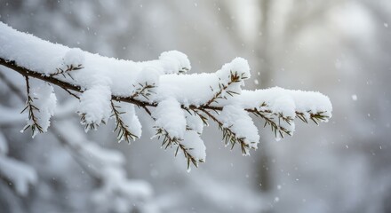 A heavy tree bough coated with fresh white snow and glistening ice against a soft winter backdrop ,ice ,pristine ,daylight