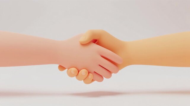 Two cartoon hands, one pink and one orange, shaking in a friendly agreement, symbolizing collaboration and partnership against a clean white background.