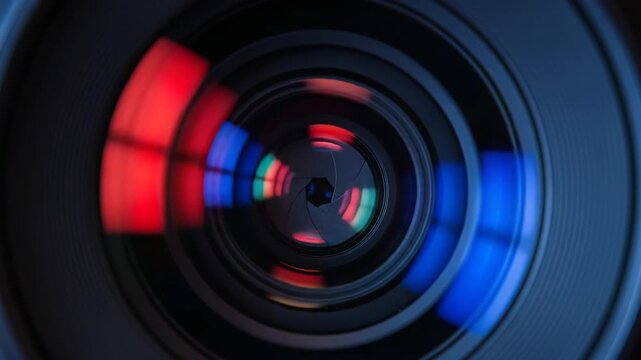 Abstract macro view of camera lens aperture with vibrant red and blue reflections and light flares 4K video