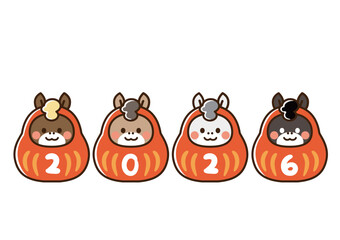 すまして並んだ4体の午のだるま　2026年